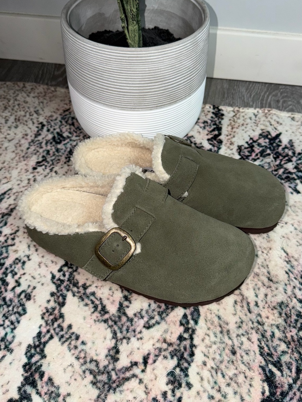 Olive Green Faux-Suede Shearling-Lined Mule